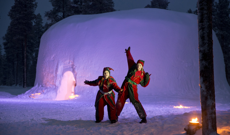 Santa’s Lapland elves outside a glowing snow igloo during the Santa’s Magic short break.